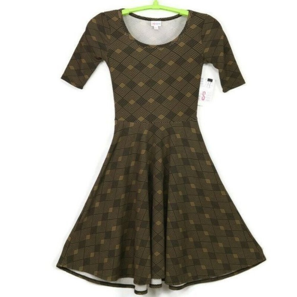 LuLaRoe Nicole Fit & Flare A-Line Dress Brown Tan Black‎ S Small